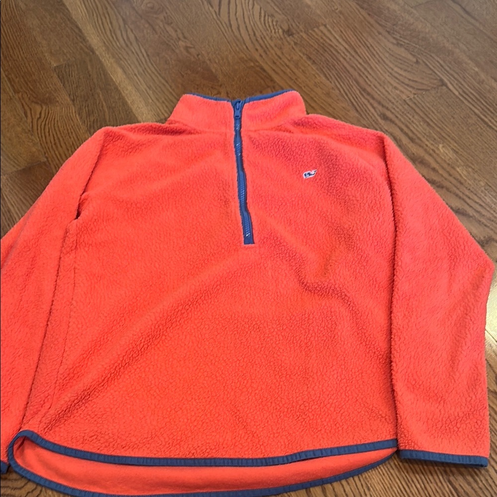 Orange Fleece Pullover with Blue Trim